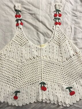 Rebellion White Crochet Camisole with Red Cherry Accents